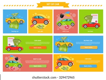 Buying selling rental car. Buy transport, auto rent, sale and loan, automobile and vehicle, purchase and deal, credit and pay, offer and money illustration. Buying car, car sale, rent a car, car loan