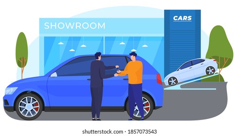 Buying, selling, renting cars. The man checks the car before buying. The manager offers a certain car to the buyer. Vector illustration