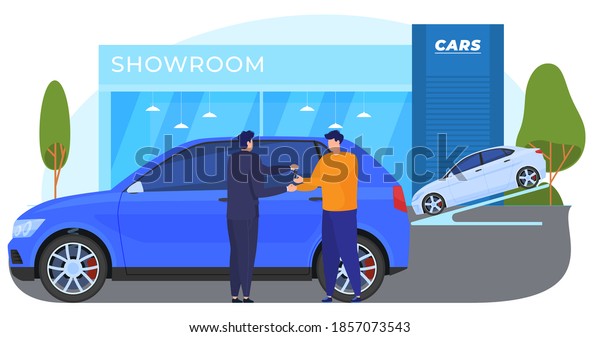 Buying, selling, renting cars. The man\
checks the car before buying. The manager offers a certain car to\
the buyer. Vector\
illustration
