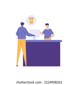 transacciones de compra y venta, interacción entre compradores y vendedores. cajero o ayudante de tienda. un cliente o comprador que esté solicitando existencias de aceite de cocina. Quiero comprar aceite de cocina. caricatura plana