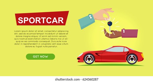 Buying sportcar online car sale web banner vector illustrayion. Encouraging customers to buy sportcar. Transport advertising company e-commerce concept. Business agreement of getting new key of car.