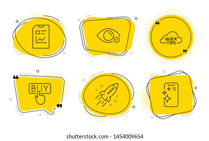 Buying, Startup rocket and Smartphone clean signs. Chat bubbles. Myopia, Report document and Quick tips line icons set. Eye vision, Statistics file, Helpful tricks. E-commerce shopping. Vector
