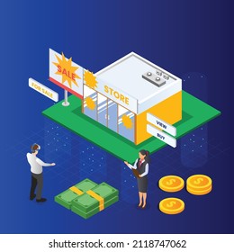 Buying store in metaverse isometric 3d vector illustration concept banner, website, landing page, ads, flyer template