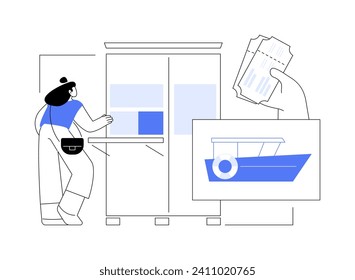 Comprar un billete para una ilustración vectorial de concepto abstracto de barco. Niña comprando un billete de barco para montar, transporte comercial de agua, taxi acuático, transporte marítimo, vacaciones de verano metáfora abstracta.