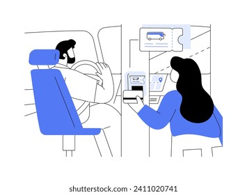 Buying ticket in a bus abstract concept vector illustration. Cheerful woman buying a bus ticket from driver, urban transportation, city trip, public transport passengers abstract metaphor.