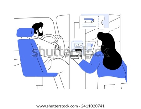 Buying ticket in a bus abstract concept vector illustration. Cheerful woman buying a bus ticket from driver, urban transportation, city trip, public transport passengers abstract metaphor.