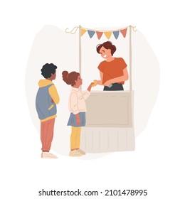 Buying a ticket isolated cartoon vector illustration. Child buying ticket at a booth, carnival entrance, school fair, summer celebration, paying money, community festival cartoon vector.