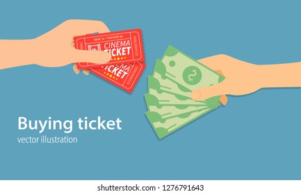 Buying ticket for money concept. Money and tickets in the hands of men, doing the exchange. One Hand holding ticket and second hand holding money bill