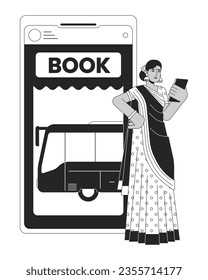 Buying ticket on bus online bw concept vector spot illustration. Woman in sari using smartphone 2D cartoon flat line monochromatic character for web UI design.editable isolated outline hero image