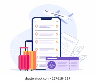 Buying ticket with smartphone, Flight tickets online booking concept, travel equipment and luggage.