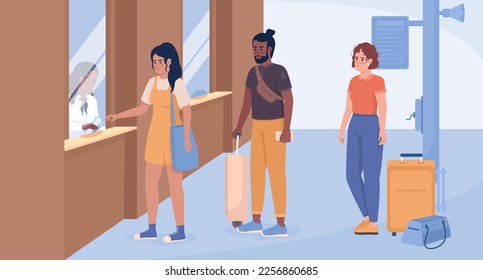 Buying tickets for bus and train flat color vector illustration. Passengers with bags waiting in line. Fully editable 2D simple cartoon characters with airport terminal interior on background