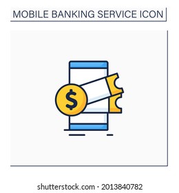 Buying tickets color icon. Instant purchase tickets and other things. Using online banking application. Mobile banking service concept. Isolated vector illustration