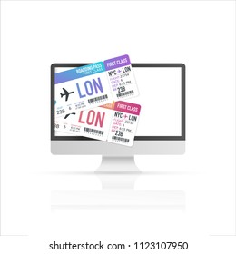 Buying tickets on the computer. Computer with a ticket on the plane. Vector stock illustration.
