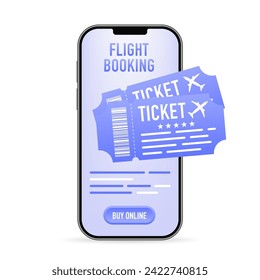 Buying tickets online concept on the smartphone. Flight tickets online booking illustration landing page. Vacation, trip, travel, vector icon. Flyer design for promotion design. Vector illustration