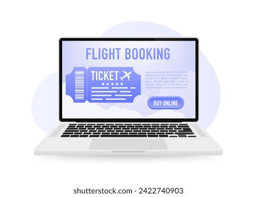 Comprar entradas online en el ordenador portátil. Página de inicio de la ilustración de la reserva de billetes de vuelo en línea. Vacaciones, viajes, viajes, icono vector. Diseño de volante para el diseño de promoción. Ilustración del vector