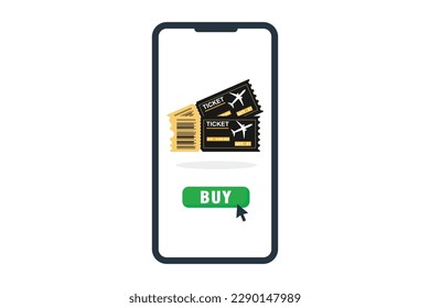 Buying tickets online concept. smartphone and 2 flight tickets. Airplane ticket vector flat design. Vector illustration.