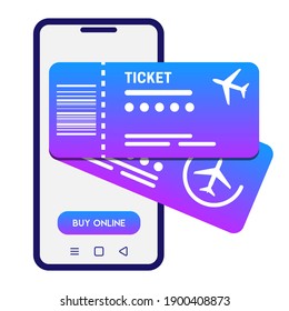 Buying tickets online concept. Vector illustration. White smartphone and 2 flight tickets