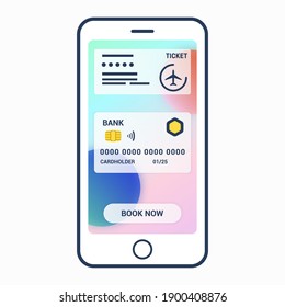 Buying tickets online concept. Vector illustration in modern glassmorphism style. White smartphone with flight ticket, abstract credit card and book now button