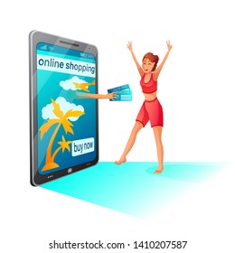 Buying tickets online flat vector illustration. Happy girl uses smartphone for online last minute travel buying. Tropical island, palms and plane on mobile screen. Mobile service for purchases