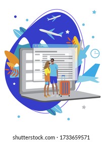 Buying tickets for travel online with laptop. Technology. Woman and man with baggage waiting for vacation. Sales in internet. Online airport. Station. Vacation. Application for travel around the world