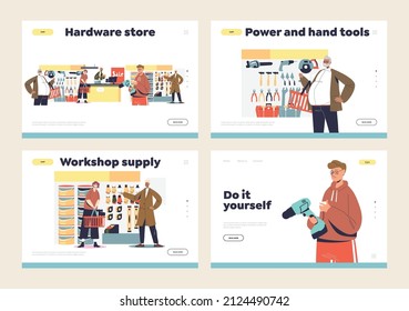 Buying tools in hardware store concept of template landing pages set with people purchasing equipment for renovation and construction. Cartoon flat vector illustration