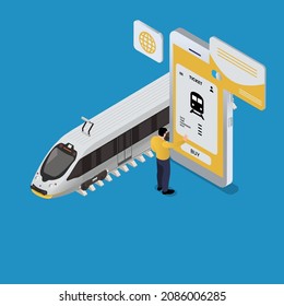 Compra de billetes de tren en línea en el concepto de vector 3d isométrico del teléfono móvil para banner, sitio web, ilustración, página de aterrizaje, volante, etc.