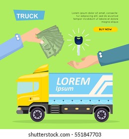Buying truck online car sale web banner. Encouraging people to buy car. Transport advertising company, e-commerce concept vector illustration. Business agreement getting new keys of truck.
