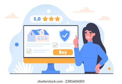 Buying from trusted source concept. Woman search real estate and private property. Economy, investing and trading. Young girl buy house or building. Cartoon flat vector illustration