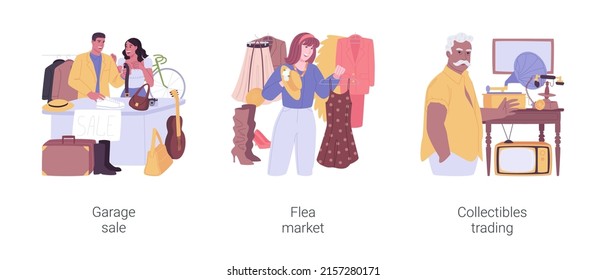 Buying Used Goods Isolated Cartoon Vector Illustrations Set. Young Couple Making Garage Sale Near Home, Selling Second Hand Goods On Flea Market, Collectibles Trading, Antiques Shop Vector Cartoon.