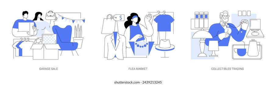 Comprar productos usados aislados ilustración vectorial de dibujos animados conjunto. Pareja joven que hace la venta del garaje cerca de casa, que vende productos de segunda mano en el mercado de pulgas, comercio de coleccionables, tienda de antigüedades vector de dibujos animados.