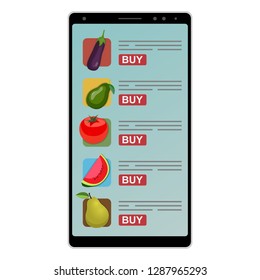 Buying vegetarian food online on the screen of a smartphone on a white background. Vector illustration.