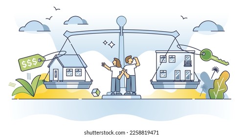 Buying vs renting house as real estate property choice outline concept. Ownership mortgage or rent as decision for investment vector illustration. Family home purchase or paying to landlord options.