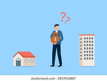 Buying vs renting property as real estate choice options concept. Choose rental method or purchase home vector illustration. Compare benefits for building ownership or apartment mortgage.