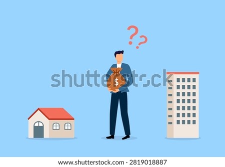 Buying vs renting property as real estate choice options concept. Choose rental method or purchase home vector illustration. Compare benefits for building ownership or apartment mortgage.