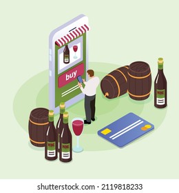 Buying wine online isometric 3d vector illustration concept for banner, website, landing page, ads, flyer template