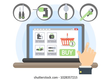 Buying working tools with laptop for construction work.
