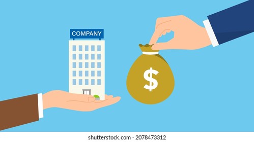 Buyout image,hand holding building and money,flat illustration,blue background,vector