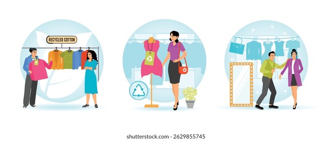 Buys eco-friendly clothes made from recycled cotton fabric. A  sustainable dress with a recycling tag. Fitting a stylish clothing store in a boutique. Waste Reduction Concept.