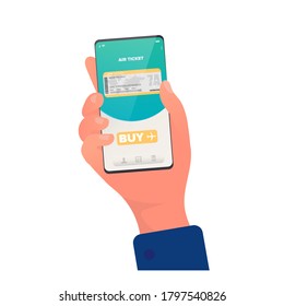 Buys a ticket through the app. Buying tickets online. Hands with a phone close-up. Isolated. Vector.