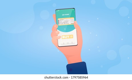 Buys a ticket through the app. Buying tickets online. Hands with a phone close-up. Vector.
