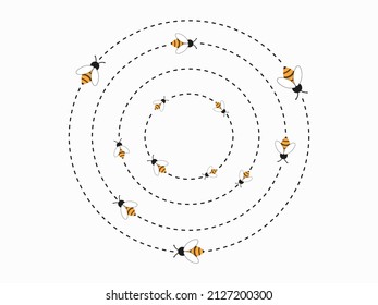 Buzz bees. Swarm of insects in a circle with contour lines. The hum of wild  flies spiraling together. Teamwork concept. Loud noise. Route or tracker of bumblebee or wasp. Vector illustration