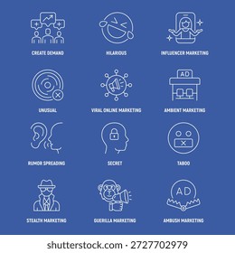 Conjunto de iconos de línea de marketing de Buzz, trazo editable. Create, Demanda, Hilarante, Influencer, Rumor, Estrategia