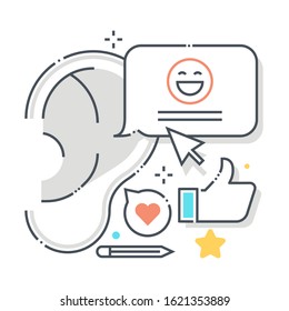 Buzz marketing related color line vector icon, illustration. The icon is about listen, talk, whisper, ear, hand, gossip. The composition is infinitely scalable.