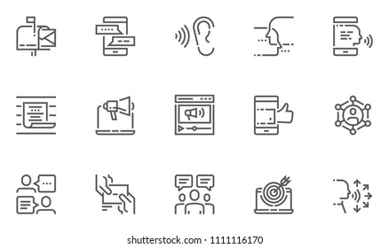 Buzz Marketing Vector Line Icons Set. Digital Marketing, Omni-channel, Multichannel Marketing, Brand Awareness. Editable Stroke. 48x48 Pixel Perfect.
