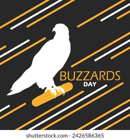 Buzzards Day event banner. Illustration of an eagle perched on a tree branch, with bold text and lines on black background to celebrate on March 15