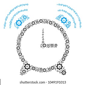 Buzzer collage of cog wheels. Vector gearwheel symbols are composed into buzzer shape.