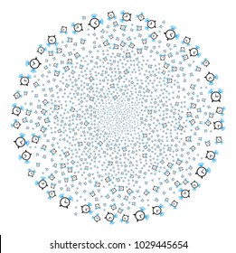 Buzzer exploding sphere. Object pattern created from random buzzer icons as festive round shape. Vector illustration style is flat iconic symbols.