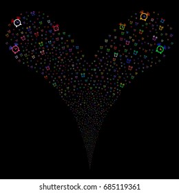 Buzzer fireworks stream. Vector illustration style is flat bright multicolored iconic buzzer symbols on a black background. Object fountain constructed from random design elements.