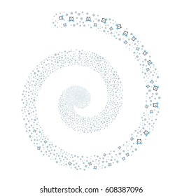 Buzzer fireworks swirling spiral. Vector illustration style is flat bicolor blue and gray scattered symbols. Object whirlpool made from scattered design elements.