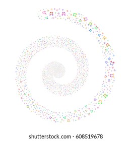 Buzzer fireworks swirling spiral. Vector illustration style is flat bright multicolored scattered symbols. Object swirling organized from scattered pictographs.